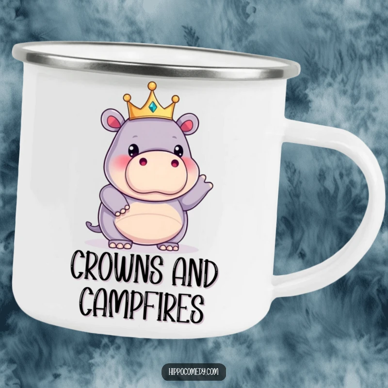 Funny kawaii hippopotamus wearing a tiny crown, striking a funny pose on a camping mug, ready for regal outdoor fun.