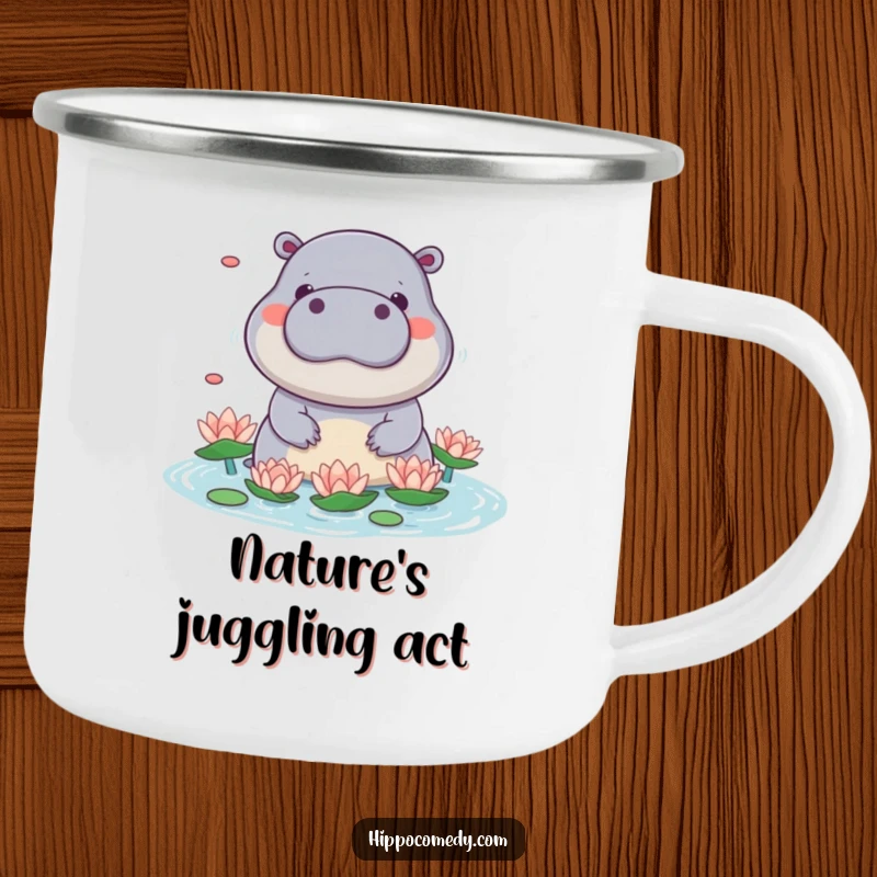 Funny kawaii hippo camping mug showing a cute hippo playfully juggling water lilies with its snout, ready for playful adventures.
