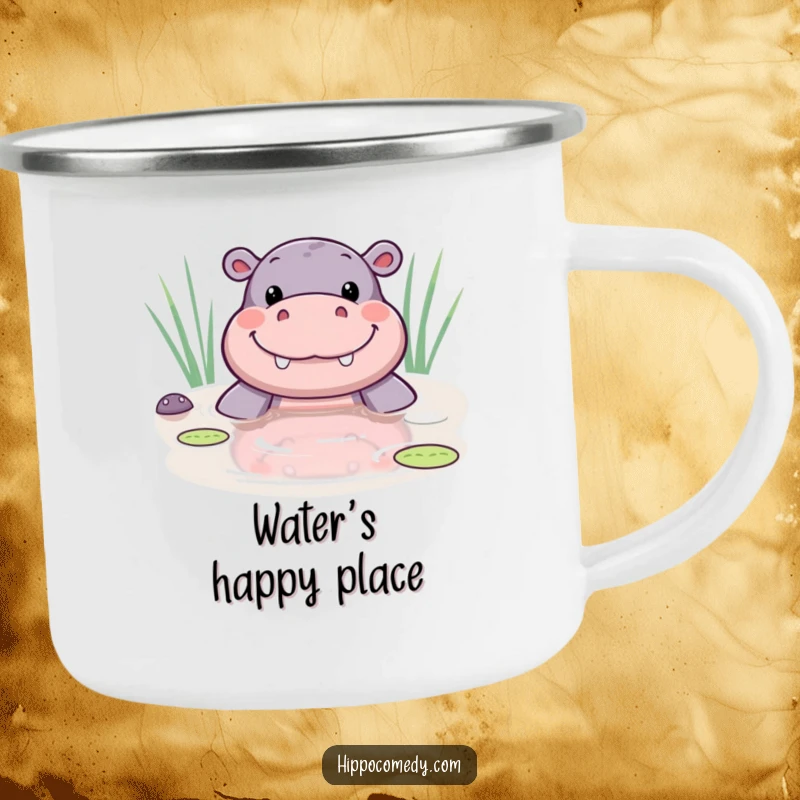 Funny kawaii hippo camping mug showing a cute hippo peeking from a pond with a wide smile, ready for happy times.