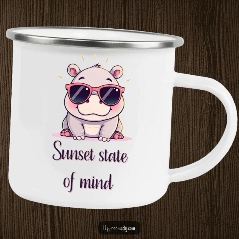 Funny kawaii hippopotamus in oversized sunglasses, on a durable camping mug, ready for outdoor adventures with a cool vibe.