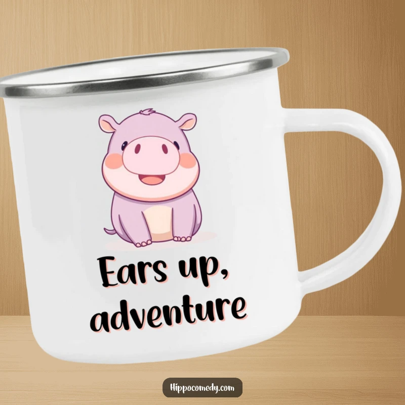 Funny kawaii hippopotamus playfully wiggling its tiny ears with delight, on a sturdy camping mug.