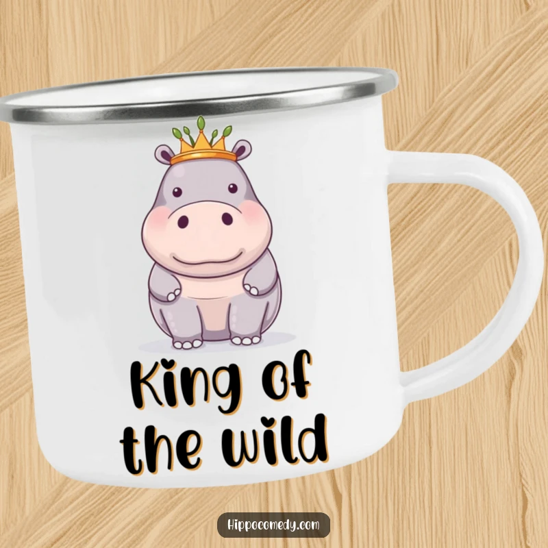 Funny camping mug with a proud hippopotamus wearing a reed crown, adding humorous regality to beverages.