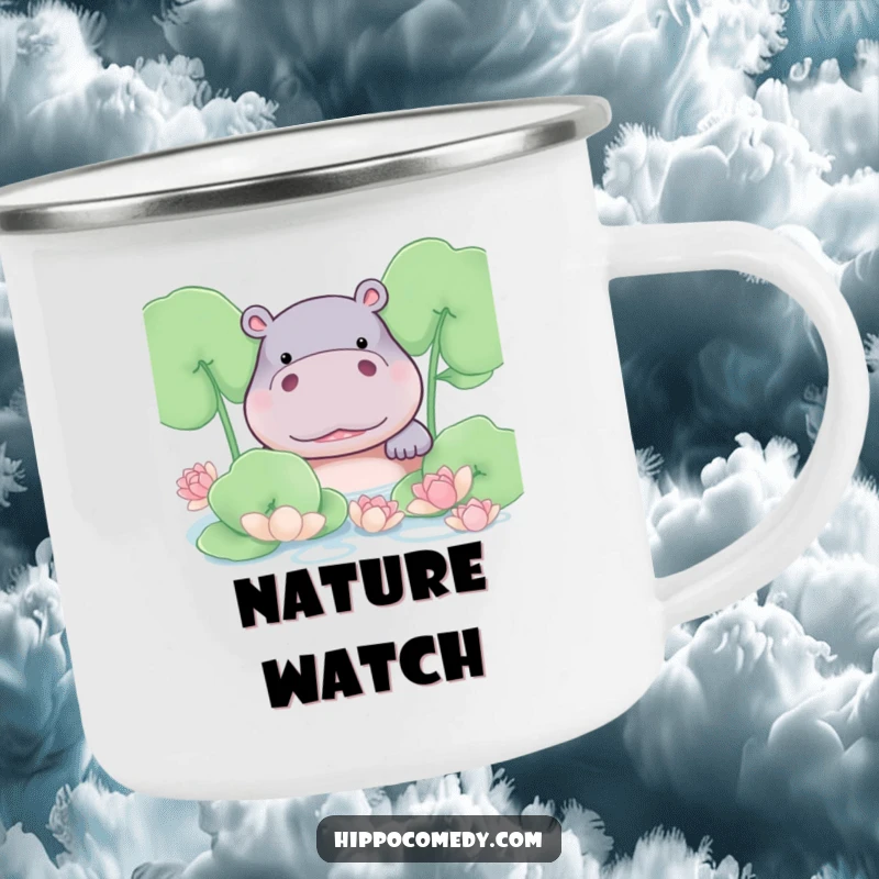 Funny hippo blushing shyly from behind lily pads on an enamel camping mug, for shy adventurers.