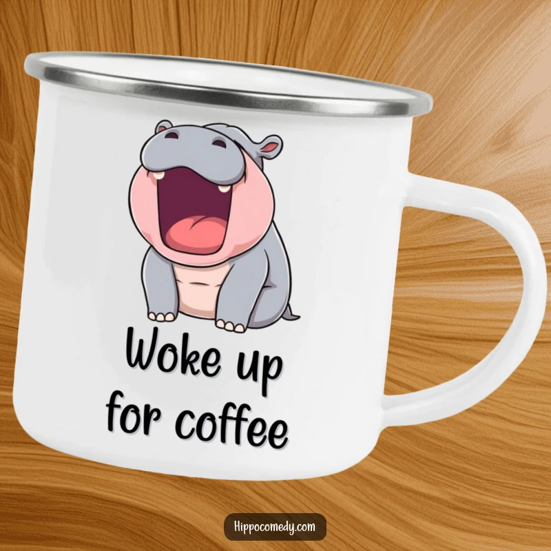 Funny camping mug featuring a sleepy hippopotamus mid-yawn, bringing humor to outdoor beverages.