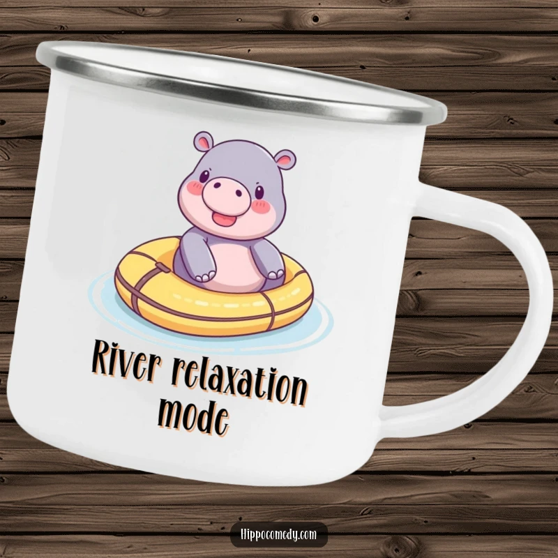 Funny tiny hippo camping mug, depicting a serene hippo floating on a toy raft, ready for outdoor enjoyment.