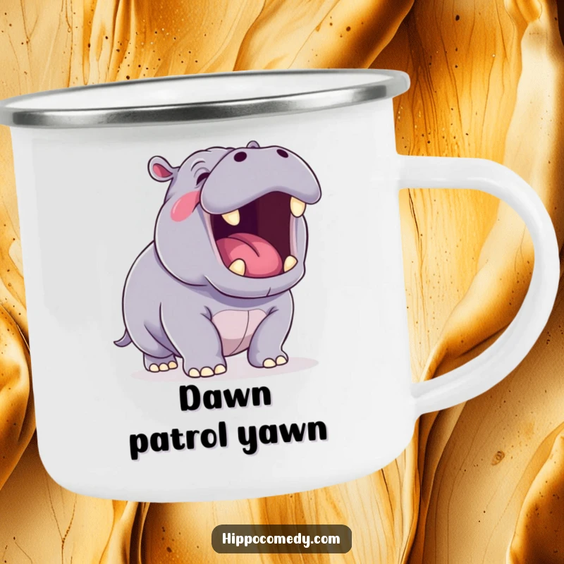 Funny Yawning Hippo Camping Mug featuring a durable kawaii hippopotamus, ideal for outdoor use and adding humor to your adventures.