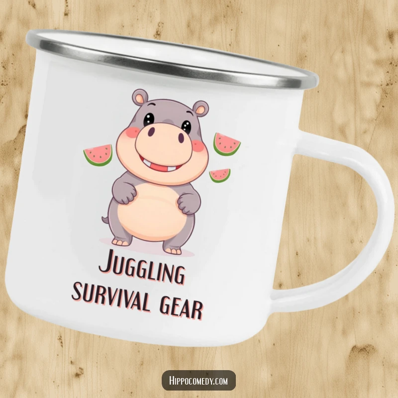 Funny Camping Mug: Giggling hippopotamus juggles shiny watermelons, ready for outdoor enjoyment.