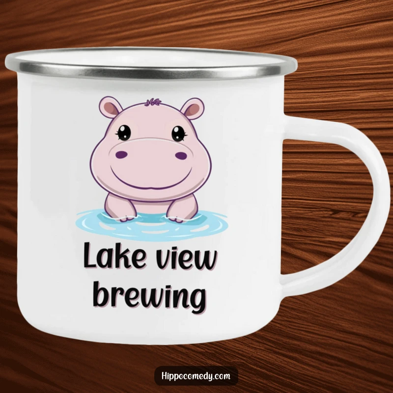 Funny camping mug featuring a cheerful hippo with big, round eyes, peeking above water, perfect for outdoor fun.