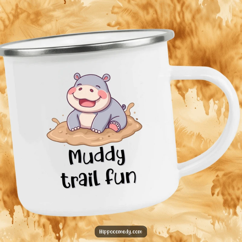 Funny Hippo Mud Camping Mug, a joyful hippo playfully rolling in soft mud, ready for outdoor fun.