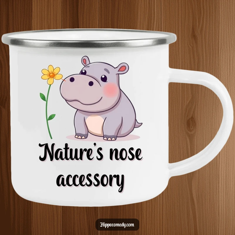 Funny Camping Mug: A playful hippopotamus balancing a flower on its nose, perfect for outdoor charm and smiles.