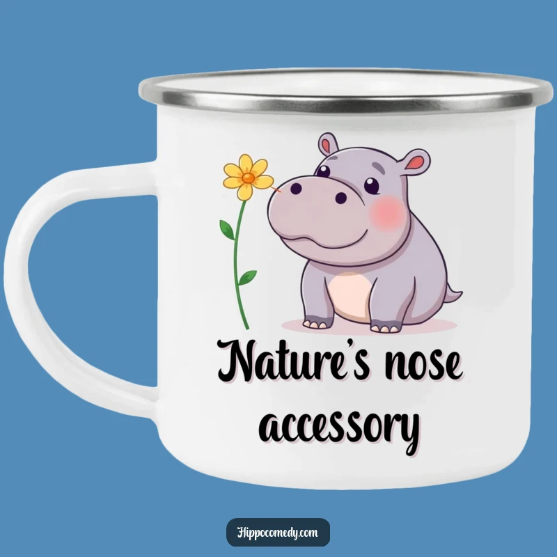Funny Hippo Flower Nose Camping Mug: Balancing Hippopotamus Outdoors, Gift