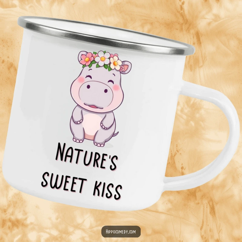 Funny kawaii hippo camping mug showing a cute hippo in a flower crown blowing a kiss, ready for sweet adventures.