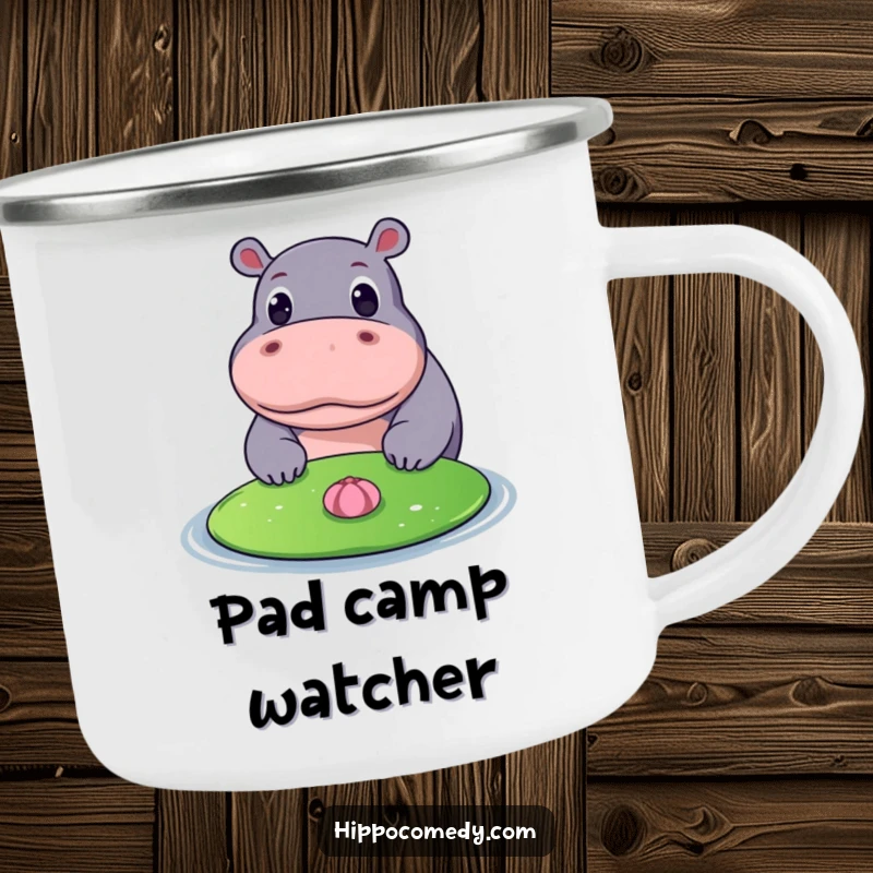 Funny camping mug showing a hippopotamus with wide eyes looking at a floating lily pad, perfect for nature lovers.