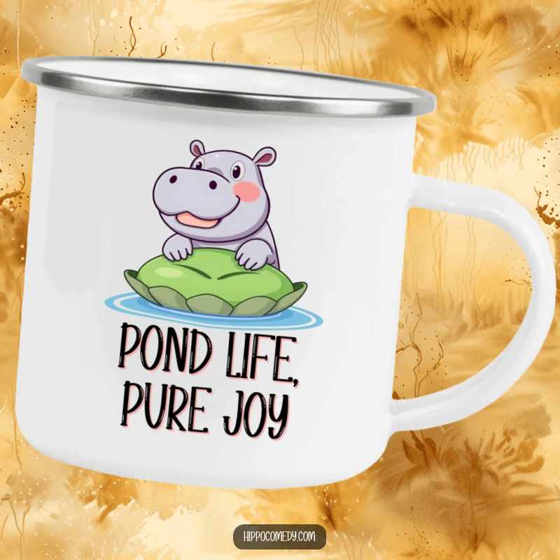 Funny camping mug graphic of an excited hippo with a wide grin, peeking over a giant lily pad. Sturdy and cheerful.
