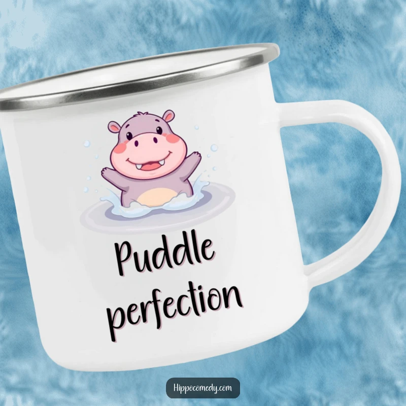 Funny Camping Mug: A cute hippopotamus joyfully splashing in a bubbly puddle, ready for outdoor adventures and smiles.
