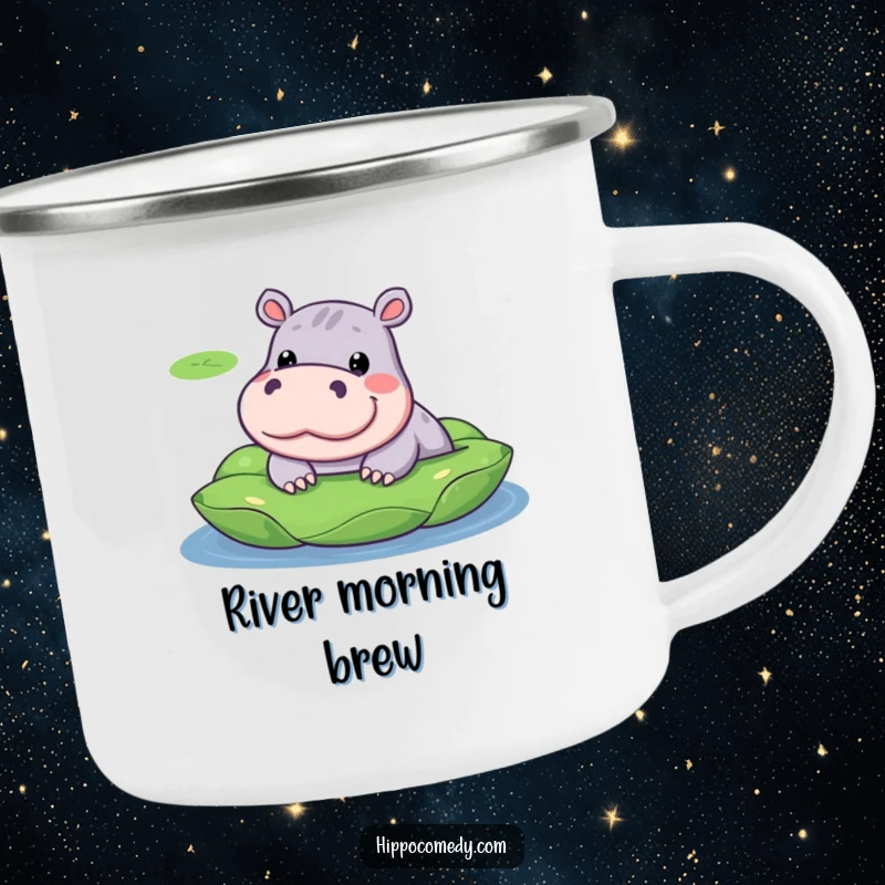 Funny camping mug showing a kawaii hippopotamus with a silly expression, peeking from behind a lily pad.