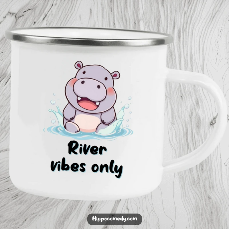 Funny Camping Mug: Chubby hippopotamus beams with a smile, splashing in colorful water, ready for adventure.