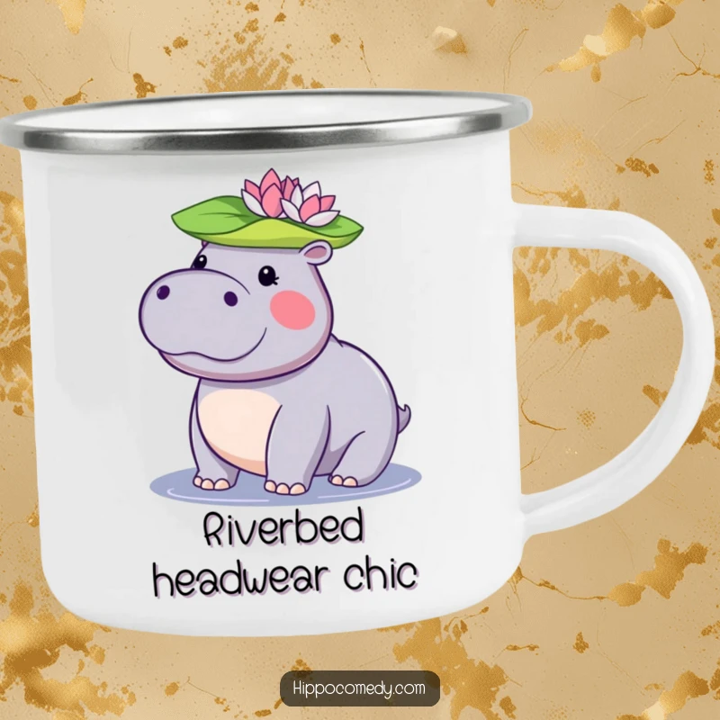 Funny kawaii hippopotamus camping mug featuring a cute hippo balancing a lily pad on its head, ideal for travel.
