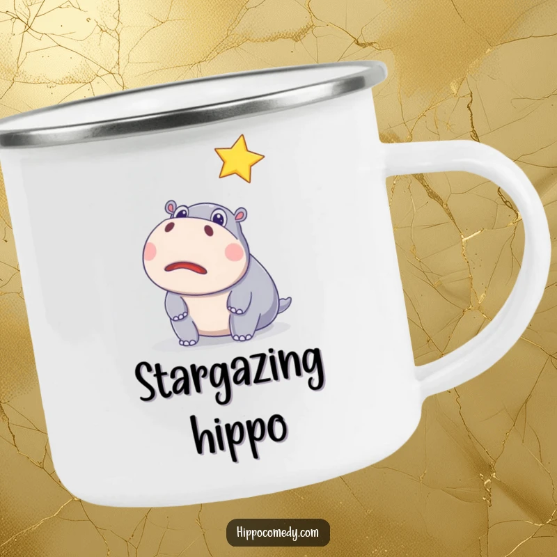 Funny camping mug with a surprised hippo watching a sparkling star, perfect for humorous outdoor adventures and starry nights.