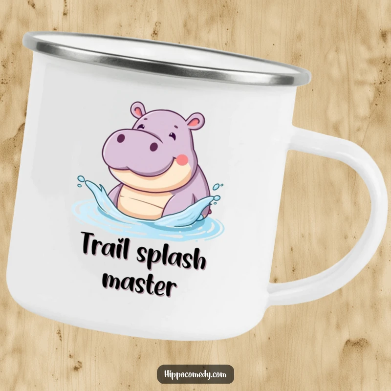 Funny camping mug showing a smiling hippopotamus splashing water joyfully with its snout, perfect for outdoor enthusiasts.