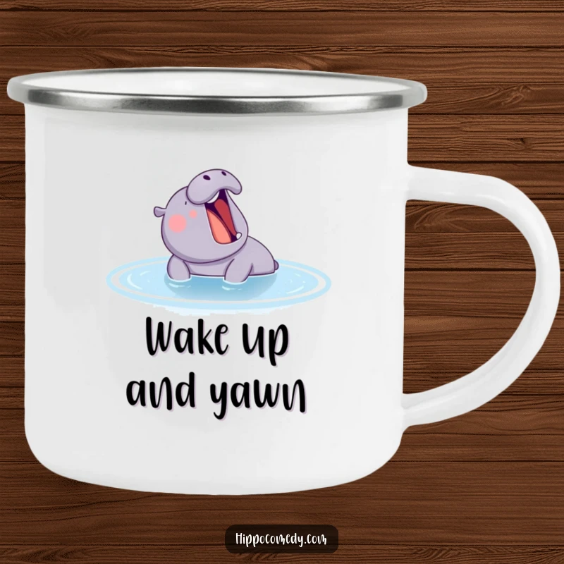 Funny hippo yawning contentedly in a blue pond, featured on a robust camping mug for your outdoor journeys.