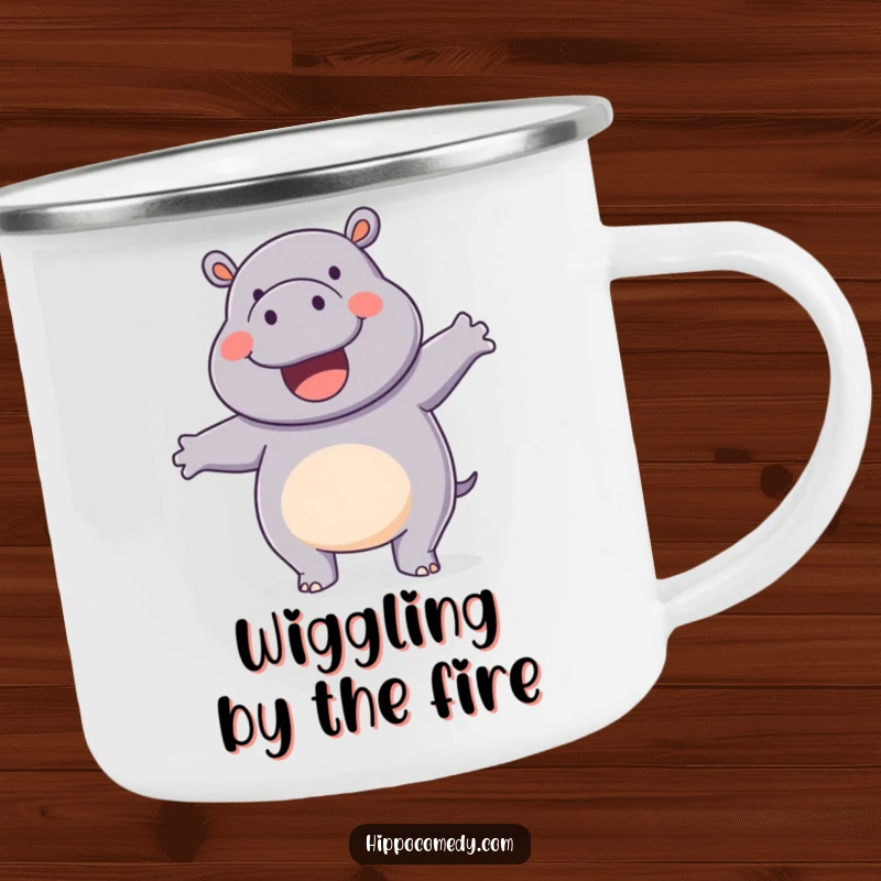 Funny camping mug with a happy hippopotamus doing a silly wiggle dance, durable for outdoor use.