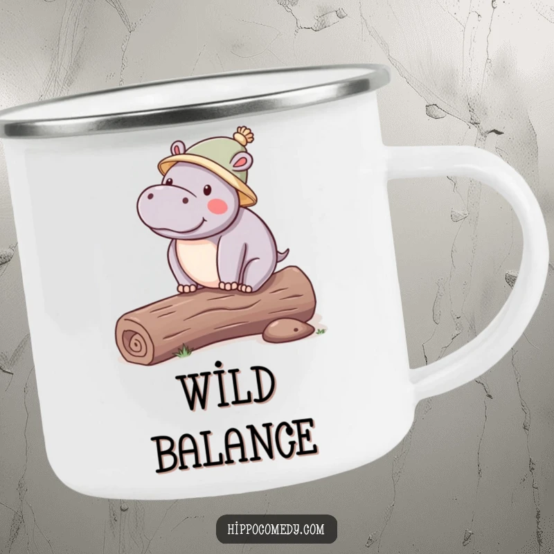 Funny Hippo Hat Camping Mug showing a kawaii hippopotamus in a hat, balancing on a log, durable and humorous for outdoor use.