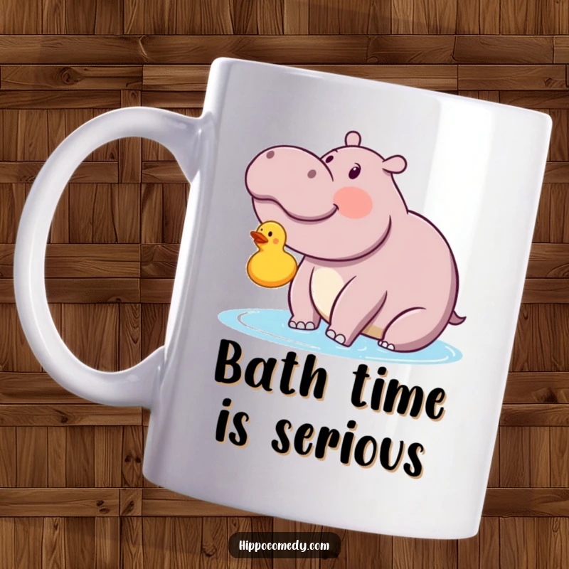 Funny kawaii hippopotamus gazing with delight at a floating rubber ducky on a mug, captured in a moment of pure bliss.