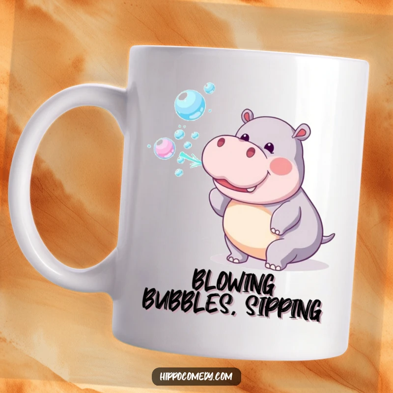 Funny Mug: A playful hippopotamus happily blows a stream of vibrant, colorful rainbow bubbles.