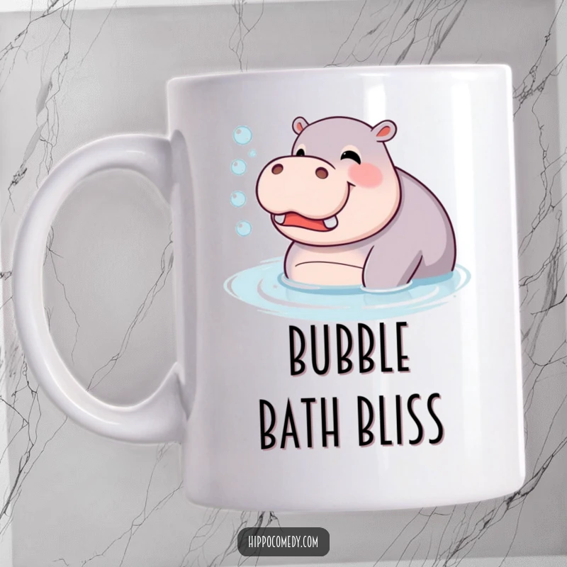 Funny Mug: A giggling hippopotamus joyfully blowing bubbles in the water, radiating pure fun and happiness.