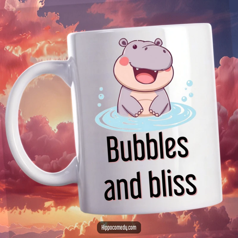 Funny mug with a hippopotamus joyfully emerging from a bubbly pool, showcasing a happy and refreshed character.