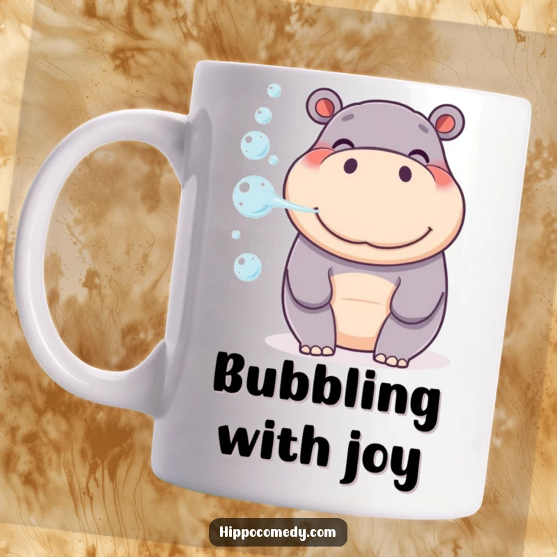 Funny Smiling Hippo Mug, blowing a gentle stream of bubbles, creating a serene and happy atmosphere.