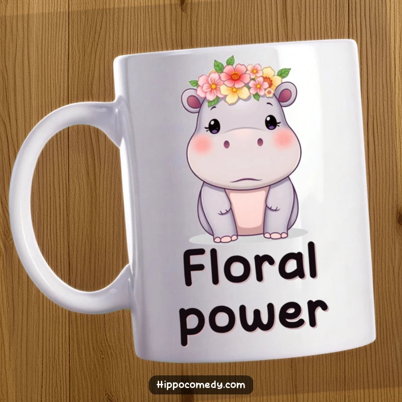 Funny hippo wearing a floral crown with a delicate expression, captured on a charming mug for animal lovers.
