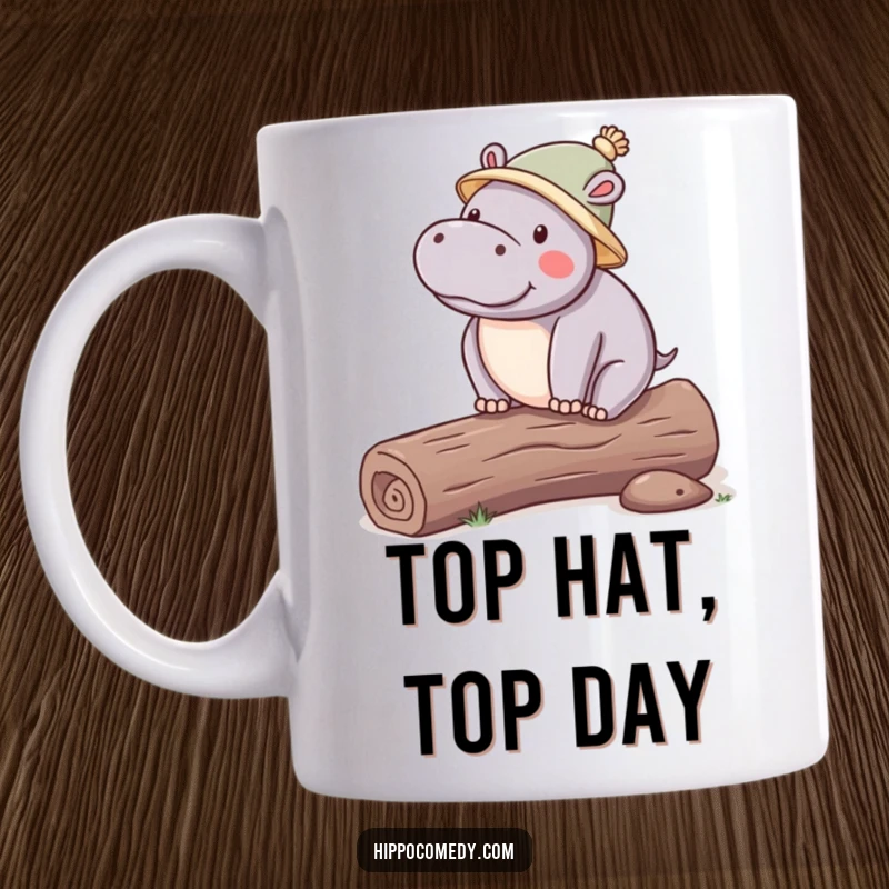 Funny Balancing Hippo Mug showcasing a kawaii hippopotamus wearing a tiny hat, precariously balancing on a log, bringing smiles.