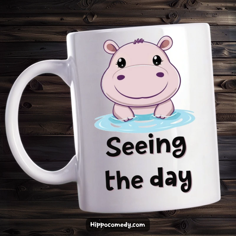 Funny cheerful hippo mug with big, round eyes, peeking curiously and happily above the water surface.