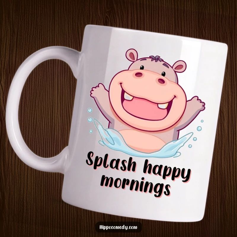 Funny chubby hippo mug with a wide, toothy grin, enthusiastically splashing water with pure, unadulterated joy.
