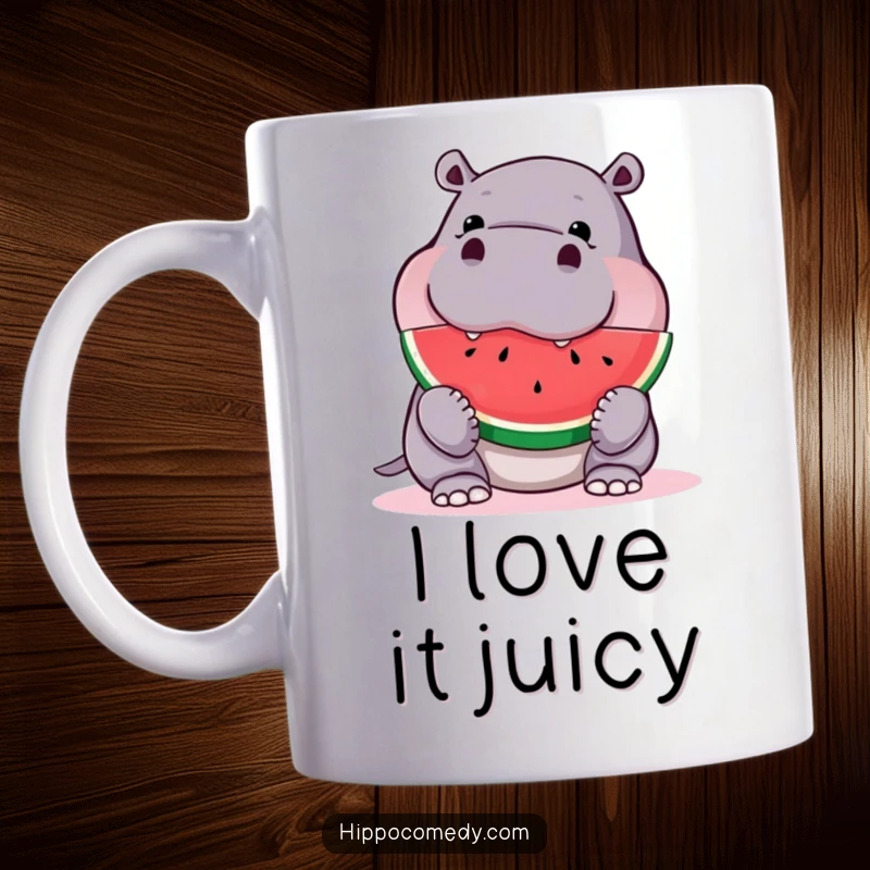 Funny hippo mug, joyfully taking a massive bite out of a delicious watermelon slice, vibrant colors, hilarious expression.