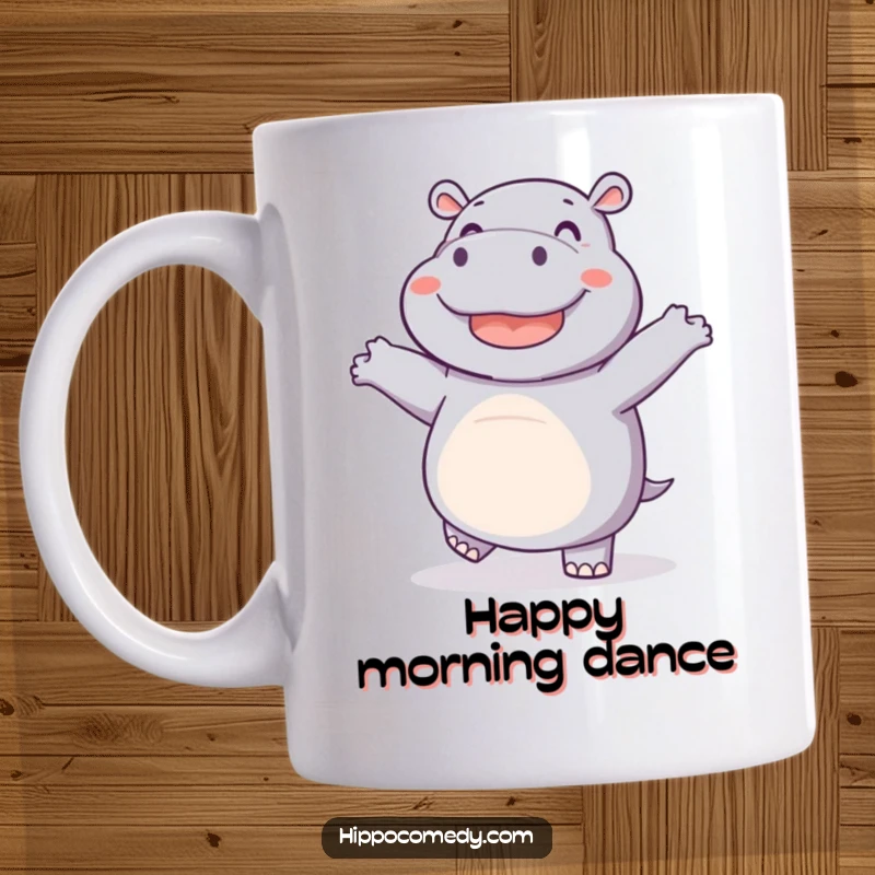 Funny mug featuring a joyful hippo doing a little dance with wiggling feet, showcasing a hilarious and happy animal character.