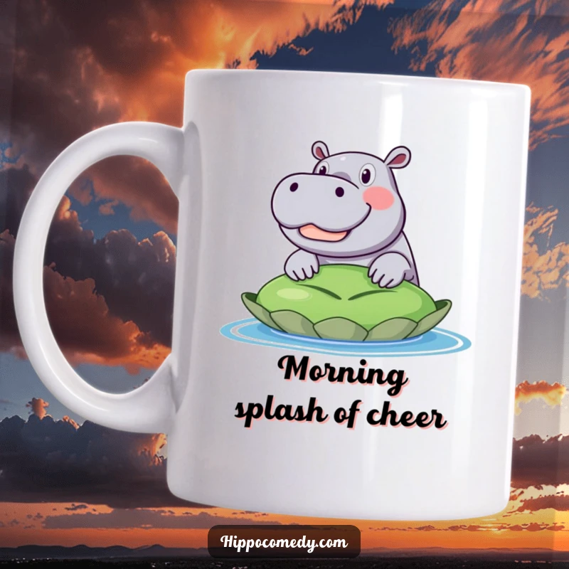 Funny mug showcasing an excited hippopotamus with a huge grin, peeking its head over the edge of an oversized lily pad.