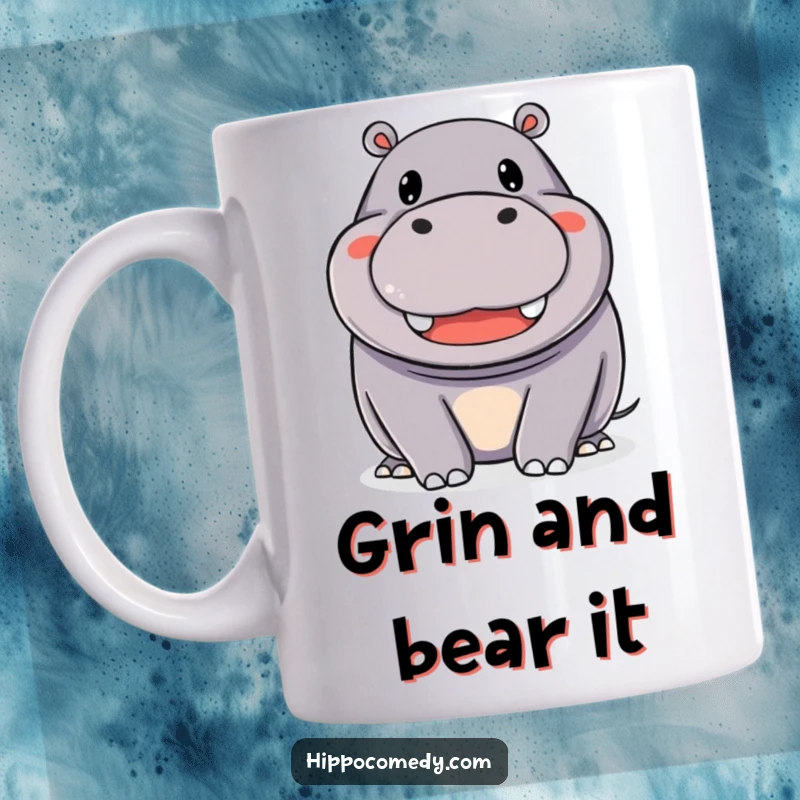 Funny Mug: A very happy hippopotamus with a wide, beaming smile, radiating pure joy and infectious cheerfulness.