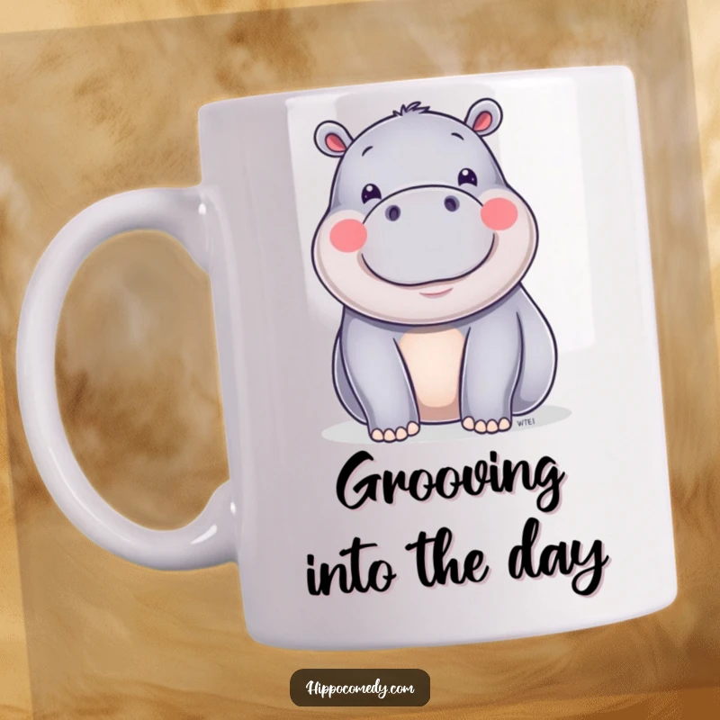 Funny happy hippo with shiny skin doing a cute wiggle dance, radiating joy on a ceramic mug.