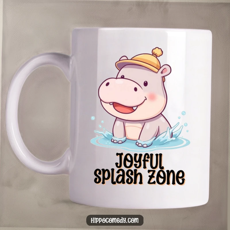 Funny mug with a smiling hippopotamus cub wearing a tiny hat, gleefully doing a silly splish-splash in the water.