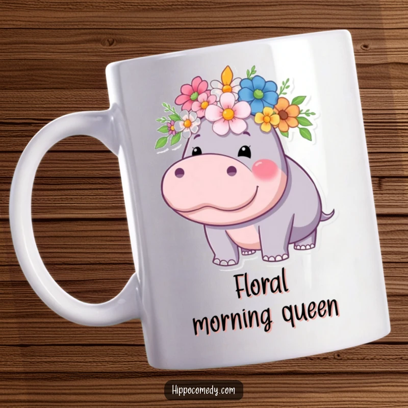 Funny hippo mug, proudly wearing a beautiful crown made of colorful flowers, exuding majesty and charm.