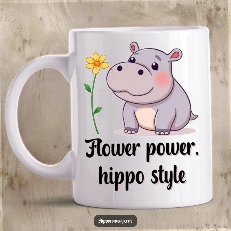 Funny Mug: A playful hippopotamus attempting to balance a flower on its nose, showcasing delicate focus and charm.