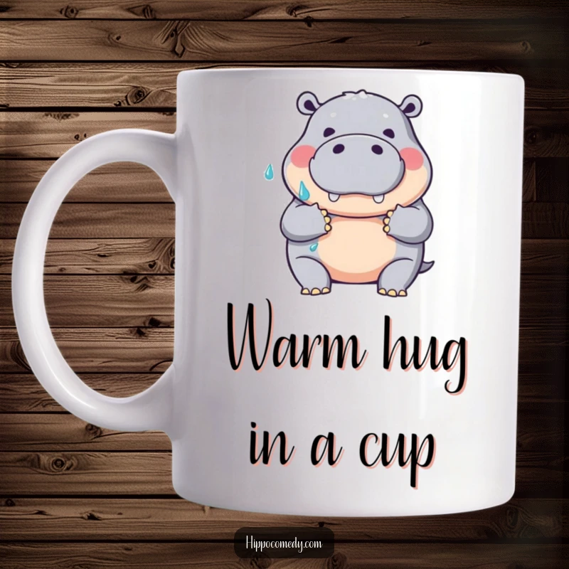 Funny mug with a friendly hippopotamus making a big, wet hug gesture, perfect for a humorous and warm gift.