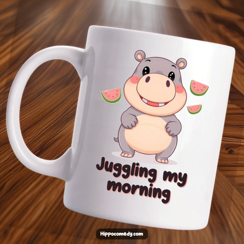 Funny Mug: A giggling hippopotamus with wide, happy eyes expertly juggles three shiny watermelons.