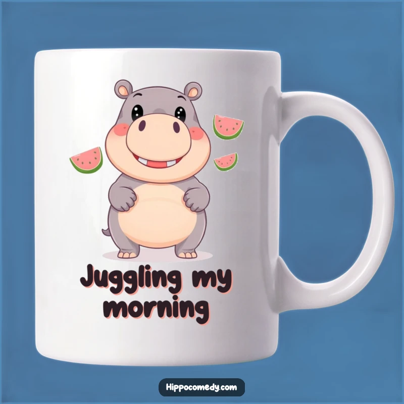 Funny Hippo Juggling Mug: Giggling Hippo Watermelon Design, Hilarious Gift Idea