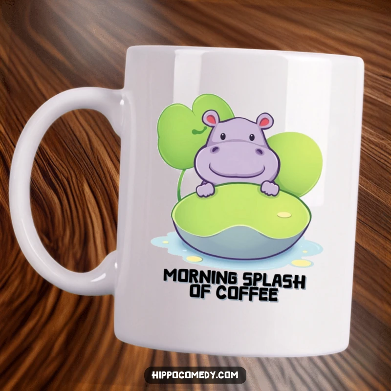 Funny mug featuring a curious hippopotamus peeking its head out playfully from behind a large, green lily pad.