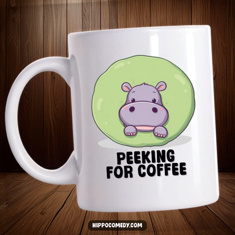 Funny Mug: A curious hippopotamus playfully peeks out from behind a large, round lily pad.