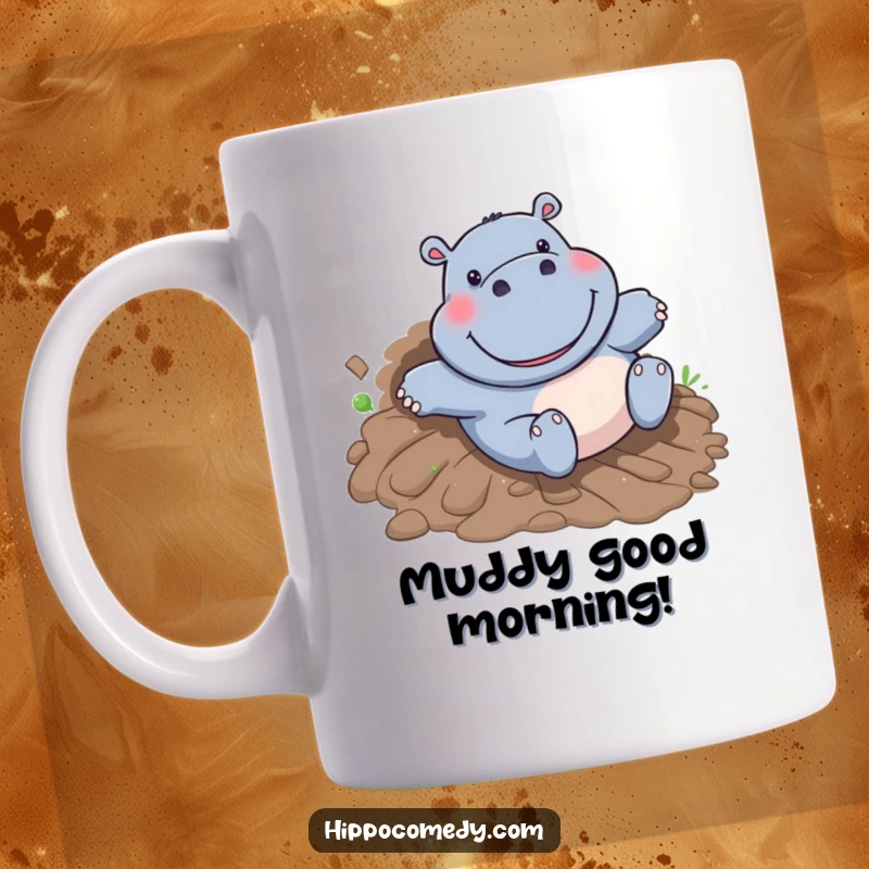 Funny Hippo Mug: A happy cartoon hippo gleefully slides down a muddy hill with a huge grin, conveying pure, uninhibited joy.